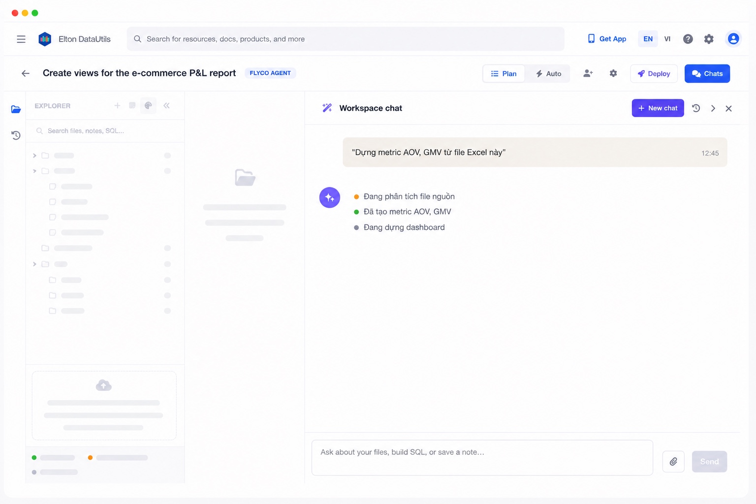 Agent Workspace: khung duyệt file bên cạnh khung hội thoại, nơi trợ lý báo tiến độ dựng metric AOV và GMV từ một file bảng tính